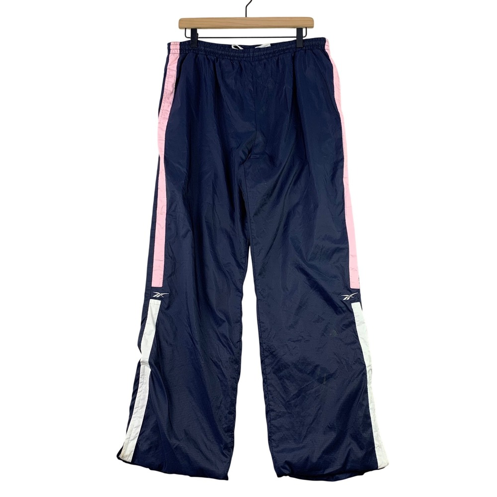 Vintage Reebok Track Pants Women XL Blue Pink Athletic Nylon Sweats Hip Hop Y2K